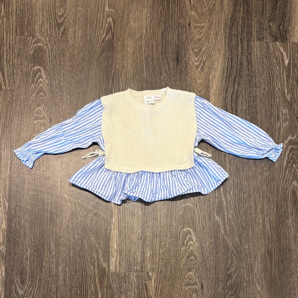 Zara Blue & Cream Layered-Look Peplum Top